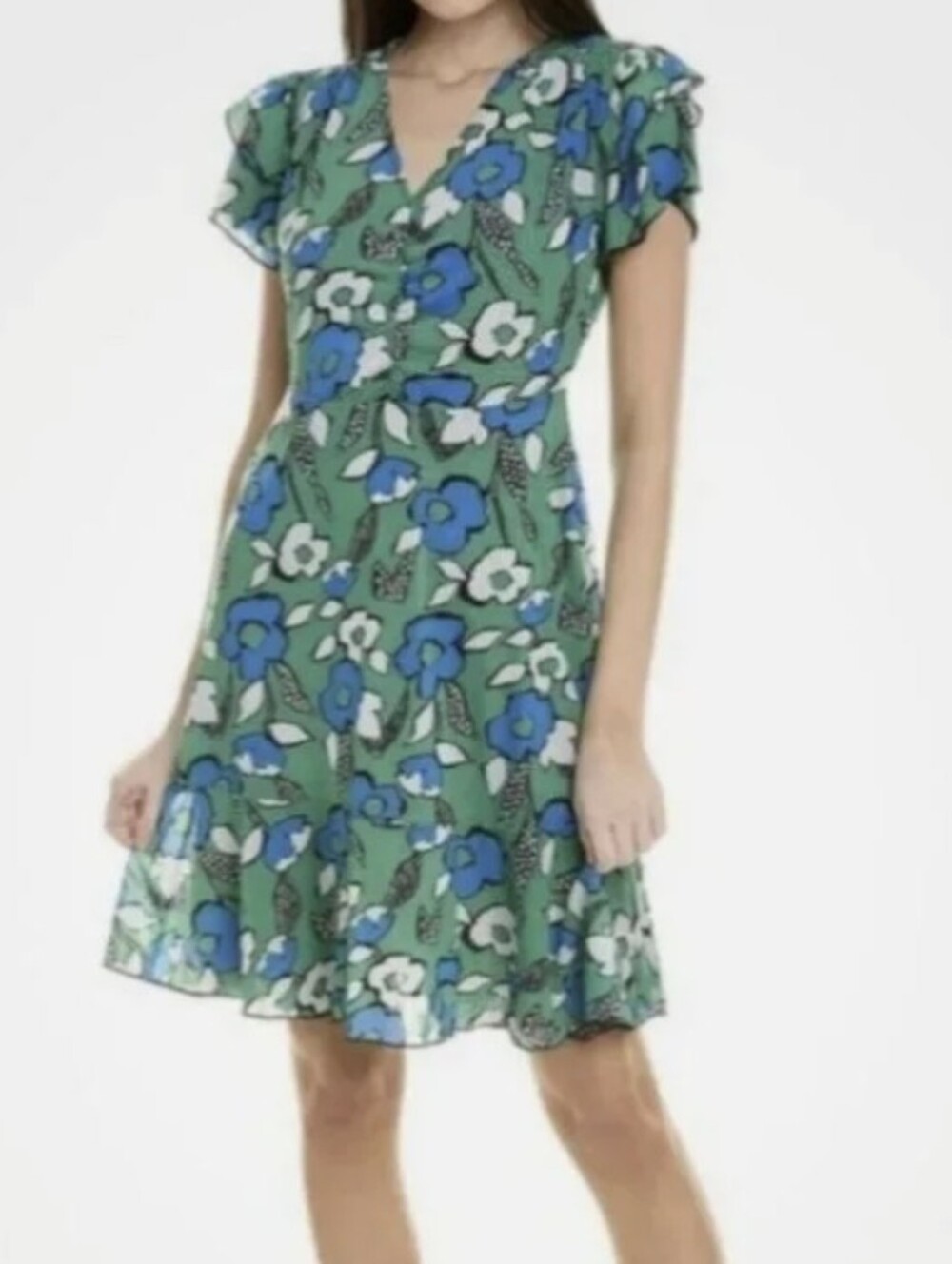 Cabi Reversible Green Floral V-Neck Ruffled Sleeve Dress